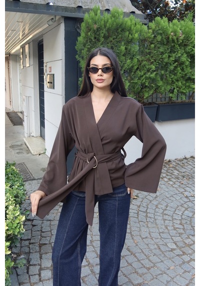Kechi Woman Krep Kumaş Kruvaze Kemerli Kimono Bluz Kahverengi