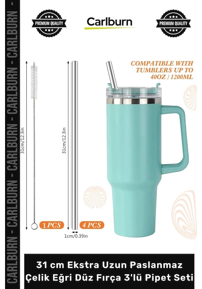 Pipetseti Termos Bardak Ekolojik 31 Cm Ekstra Uzun Paslanmaz Çelik Eğri Düz Fırça 3'lü Pipet Seti