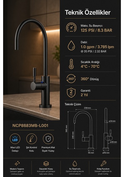 Likuan Ncp8883cp Premium Krom İçme Suyu Arıtma Musluğu Led Siz Kuğu Boyun Siyah
