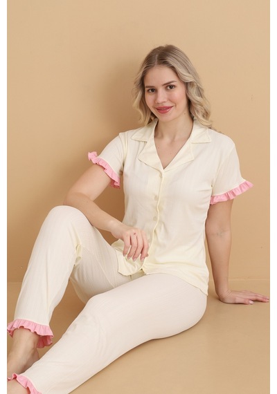 Wordex Mirano 9500 Düz Renk Pegasus Kumaş Düğmeli Kısa Kolu Kadın Pijama Takımı Ekru