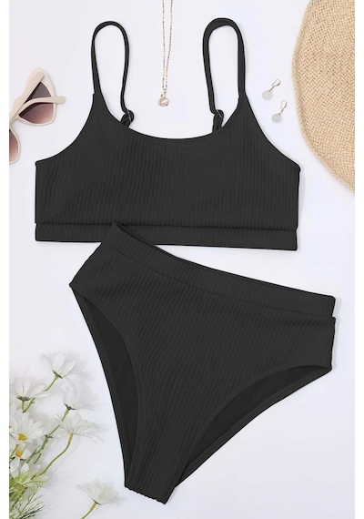Angelsin Yüksek Bel Özel Kumaş Tankini Bikini Takım Siyah