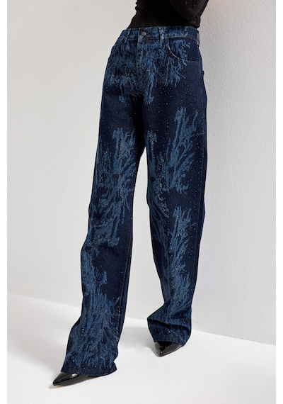 it's basic Kadın Koyu Kot Rengi 9s6-5 Loose Fit Parlak Taşlı Özel Tasarım Denim Jean Koyu Kotrengi