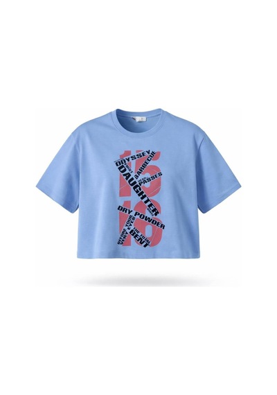 Kadın Mavi Yazı Baskılı Crop Pamuk T-shirt Mavi