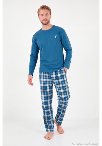 Buratti Ekoseli Pamuklu Bisiklet Yaka Uzun Kollu Pijama Takımı Erkek Pijama Takımı 6575003 İndigo
