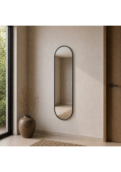 Modern Oval Boy Aynası 40x120 Cm Minimalist Çerçeveli Dekoratif Duvar Aynası 2026 Trend Siyah