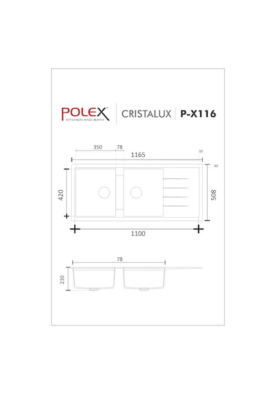 Polex Cristalüx Granit Evye P-X116 Beyaz 2 Hazneli Tezgah Altı Ve Tezgah Üstü Mutfak Evyesi 116.5x50.8 CM