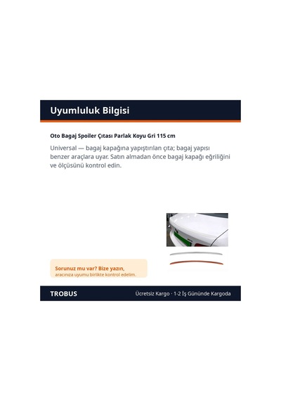 Trobus Oto Bagaj Spoiler Çıtası Parlak Koyu Gri 115 Cm