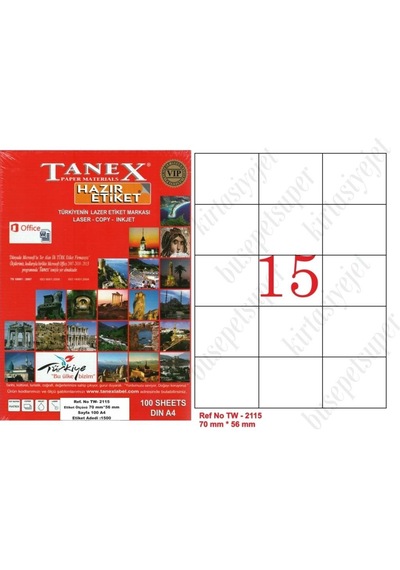 Tanex Tw-2115 Ebat 70 X 56 MM Laser Etiket A4 Sayfada 15 Etiket