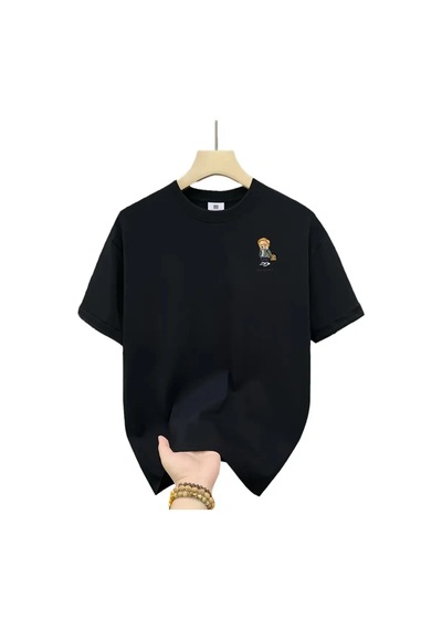 Erkek Tişört Penye Compack Gözlüklü Ayı Bisiklet Yaka Erkek T-shirt - Siyah