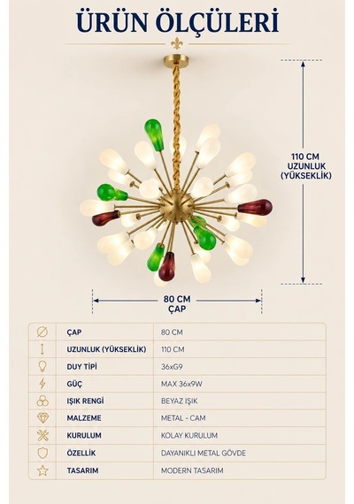 Modern Premium 36 Lı Avizesi Çok Kollu Sarkıt 80 Cm Mutfak Salon Modelleri G9 Duy Ampül Hediyeli Gold