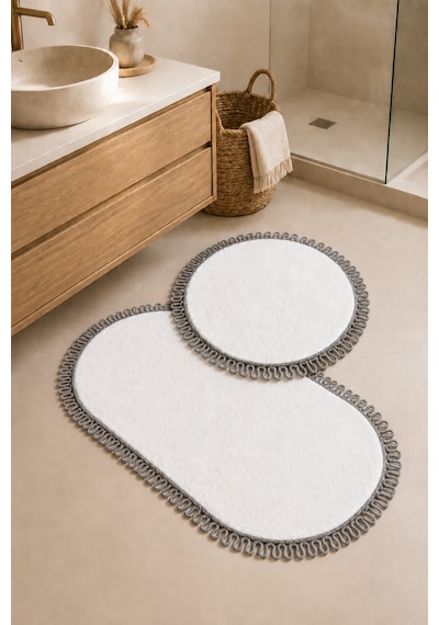El Yapımı Bohem Banyo Paspası 2'li Peluş Kaymaz Jel Taban Yuvarlak 60x60 Cm Ve Oval 55x100 Cm Beyaz Gri