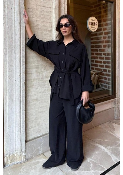 Seeh Siyah Uzun Kollu Oversize Kadın Takım Sh338 Standart