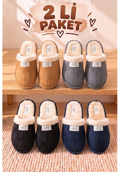 Stwenn 2'li Karma Erkek Kadın Avantajlı Paket Peluş Ev Terliği Kapalı Burun Arkası Açık Sıcak Rahat Panduf 2 Li Ucc Terlik