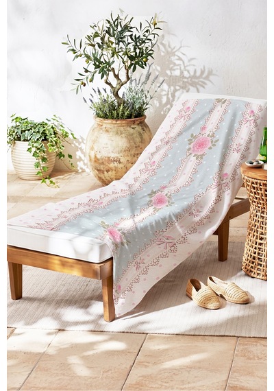 Gül Çiçekli Dantel Detaylı Plaj Havlusu-vintage Romantik Pastel Mavi Hızlı Kuruyan Mikrofiber Havlu Kül Karamel