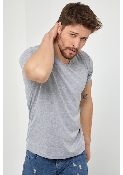 Tarz Cool Erkek V Yaka Slim Fit Likralı T-shirt Gri