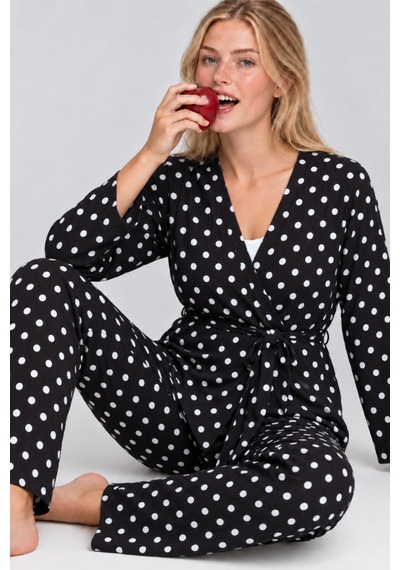 Kadın Desenli Ev Stili Kuşaklı Siyah Pijama Takımı 4806