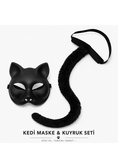 Go İthalat Siyah Kedi Maskesi Ve Peluş Kuyruk Kostüm Seti 70 Cm