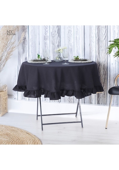 Dnc Home Tekstil  Siyah Keten Yuvarlak Fırfırlı Masa Örtüsü Siyah