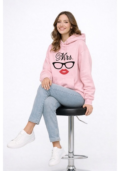 Nevermind Mr Mrs Baskılı Sevgili Kombini Oversize Hoodie Seti Unisex Sevgil Pembe