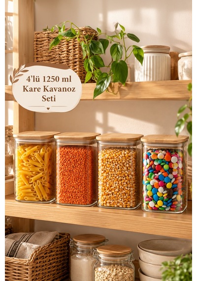 Porsima 6-4 Bambu Vakumlu Kapaklı Kare Borsilikat Cam 4lü Kavanoz Seti Saklama Kabı 1250ml 9,5x15cm