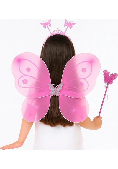 Pembe Kelebek Kız Seti - 50 Cm Kelebek Kanadı, Taç Ve Asa +3