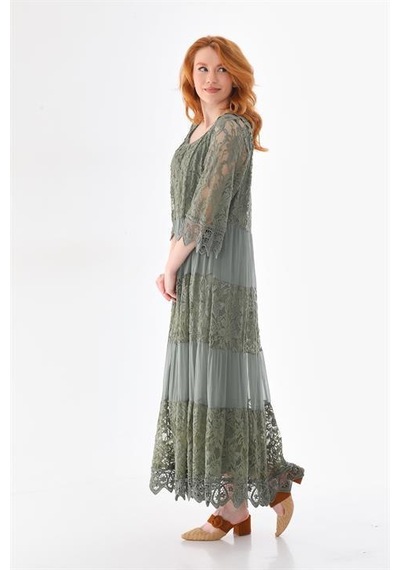 Eren Style İtalyan Sunshine İpek Detaylı Dantelli Elbise-9033 Haki
