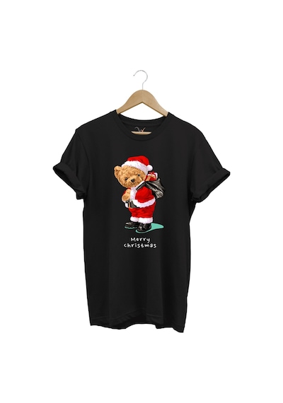 Yılbaşı Yeni Yıl Merry Christmas Sevimli Ayıcık Baskılı %100 Pamuk Regular Fit Siyah T-shirt Siyah