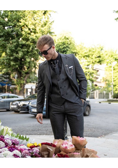 Beystil Sivri Yaka Gri Takım Elbise Bezayak - Slim Fit Gri