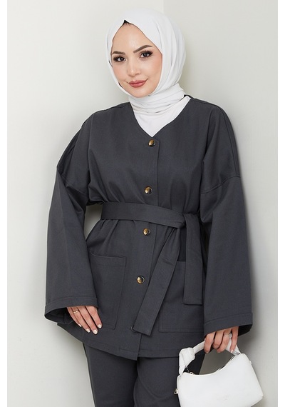 Bestenur Kemerli Ceket Pantolon Gabardin Takım 1557 - Antrasit Antrasit