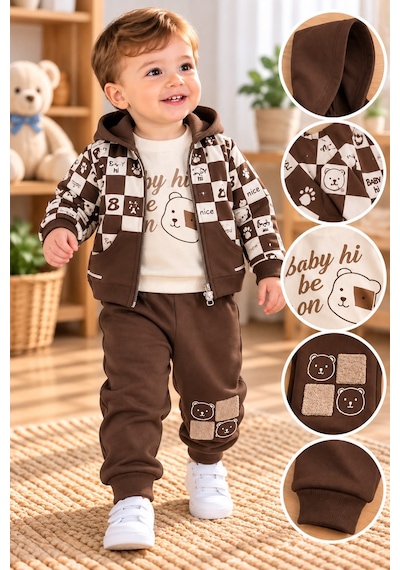 Baby Hi Yazılı Erkek Üçlü Takım 9-18 Aylık -dü605260 - Kahverengi