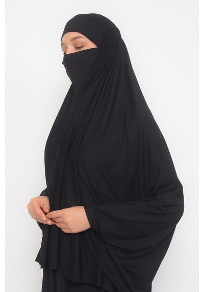 Altobeh Kollu Sufle Çarşaf Üstü Peçeli Pratik Tesettür Hijab - Nikaplı Namaz Örtüsü Siyah