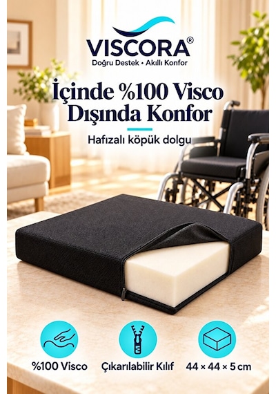 Tekerlekli Sandalye Minderi %100 Visco Kare Oturma Minderi, Kaymaz Taban 44 44 5 Cm Siyah