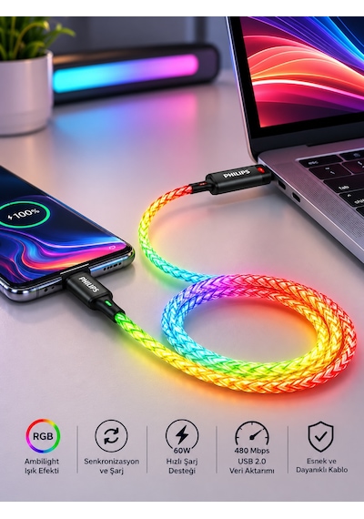 Philips Dlc5130c/00 60w 3a Usb-c To Usb-c Rgb Renkli Şarj Kablosu, 1 Metre