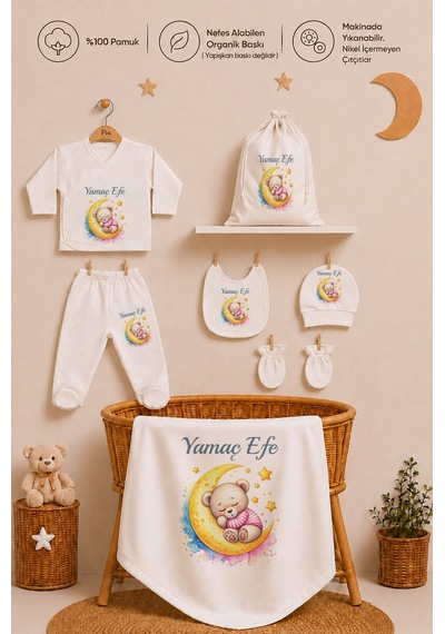 Pia Baby Erkek Bebek Hastane Çıkışı Hediye Seti 8 Parça Zıbın Set %100 Pamuk Battaniye Yastık Ve Kese 1109zybk3x Ekru