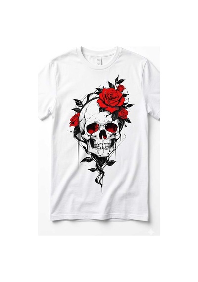 Erkek Kuru Kafa Kırmızı Gül Detayı Baskılı Pamuklu Regular T-shirt Beyaz