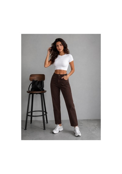 Kene Jeans Kahverengi Keten Kemer Tokalı Mom Pantolon Kahverengi
