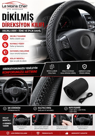 Fiat Egea Cross Lounge Siyah Deri Direksiyon Kılıfı Dikmeli Delikli İğne İplikli Kokusuz