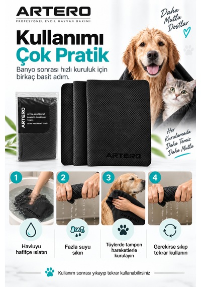 Artero Samba Hızlı Kuruyan Evcil Hayvan Kedi Köpek Havlusu Islak Kullanım Karbonlu 80x30 Cm