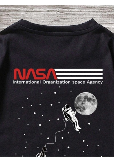 Erkek Siyah Oversize Nasa Baskılı T-shirt Siyah