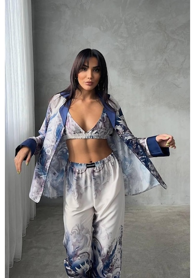 Gizotti D Acqua Saten Üçlü Pijama Takımı S Beyaz - Açık Mavi