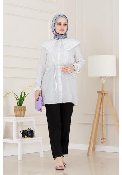 Sevitli Çift Yaka Dantelli Tunik-beyaz-4984 Beyaz