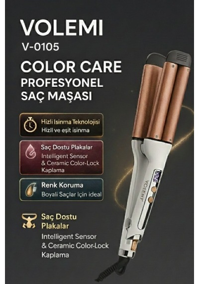 Volemı V-0105 Profesyonel Bukle Saç Maşası Color Care, 5x Renk Koruma, Keratin Yağlı Seramik Kaplama Dijital Isı Ayarlı