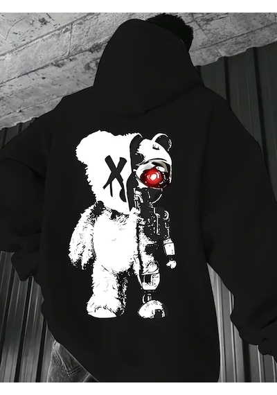 Nevermınd Unisex Oversize Panda Ve Robot Baskılı Hoodie - Kırmızı Göz Detaylı Streetwear Siyah Siyah Nevermınd Unisex Oversize Panda Ve Robot Baskılı Hoodie - Kırmızı Göz Detaylı Streetwear Siyah Siyah