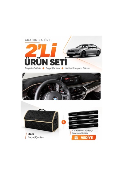 Bmw G30 G31 G38 2017-2023 Uyumlu Torpido Örtüsü + Deri Bagaj Çantası + Sticker Seti - Siyah Bej