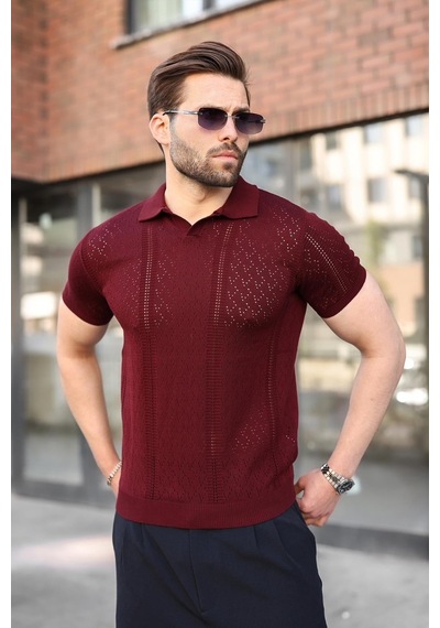 Madmext Mürdüm Delikli Polo Yaka Erkek Triko Tişört E7495