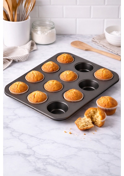 12'li Cupcake Kek Kalıbı, Yanmaz Yapışmaz Kek Kalıbı Siyah