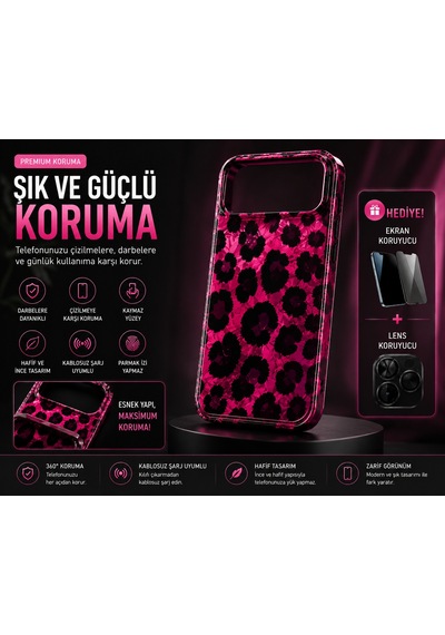 İphone 14 Pro Max Uyumlu Darbe Emici Leopar Desenli Telefon Kılıfı + Lens Ve Ekran Koruyucu Hediyeli Pembe