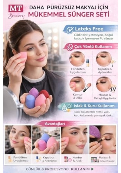 Tr Makyaj Süngeri Seti, Göz Farı Uygulama Çubuğu 10'lu, Latex,free Beauty Blender Süngerleri, Çift Taraflı Aplik