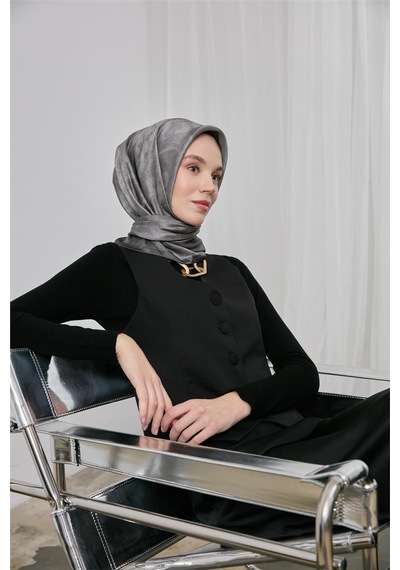 Silk Home Polyester Karışımlı Shiny Eşarp Gümüş Etnik Desenli Parlak Dokulu 90x90 Çok Renkli