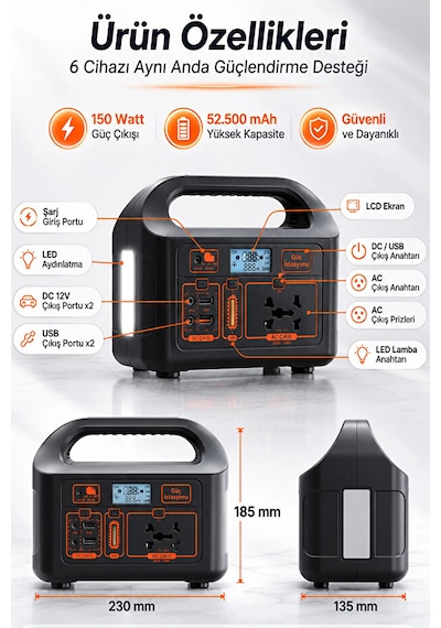 Taşınabilir Güç İstasyonu 150w 52.500 Mah Power Station Ac Priz, Usb Ve Dc Çıkışlı, Güneş Panelli Uyumlu